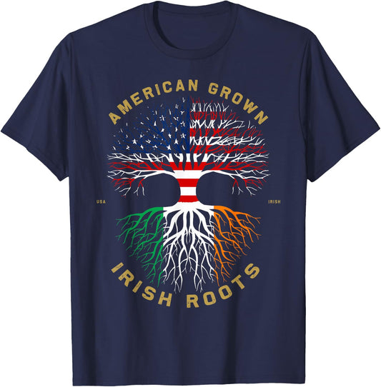 American Grown with Irish Roots Tree USA Flag Unique T-Shirt - T-Shirt | Navy