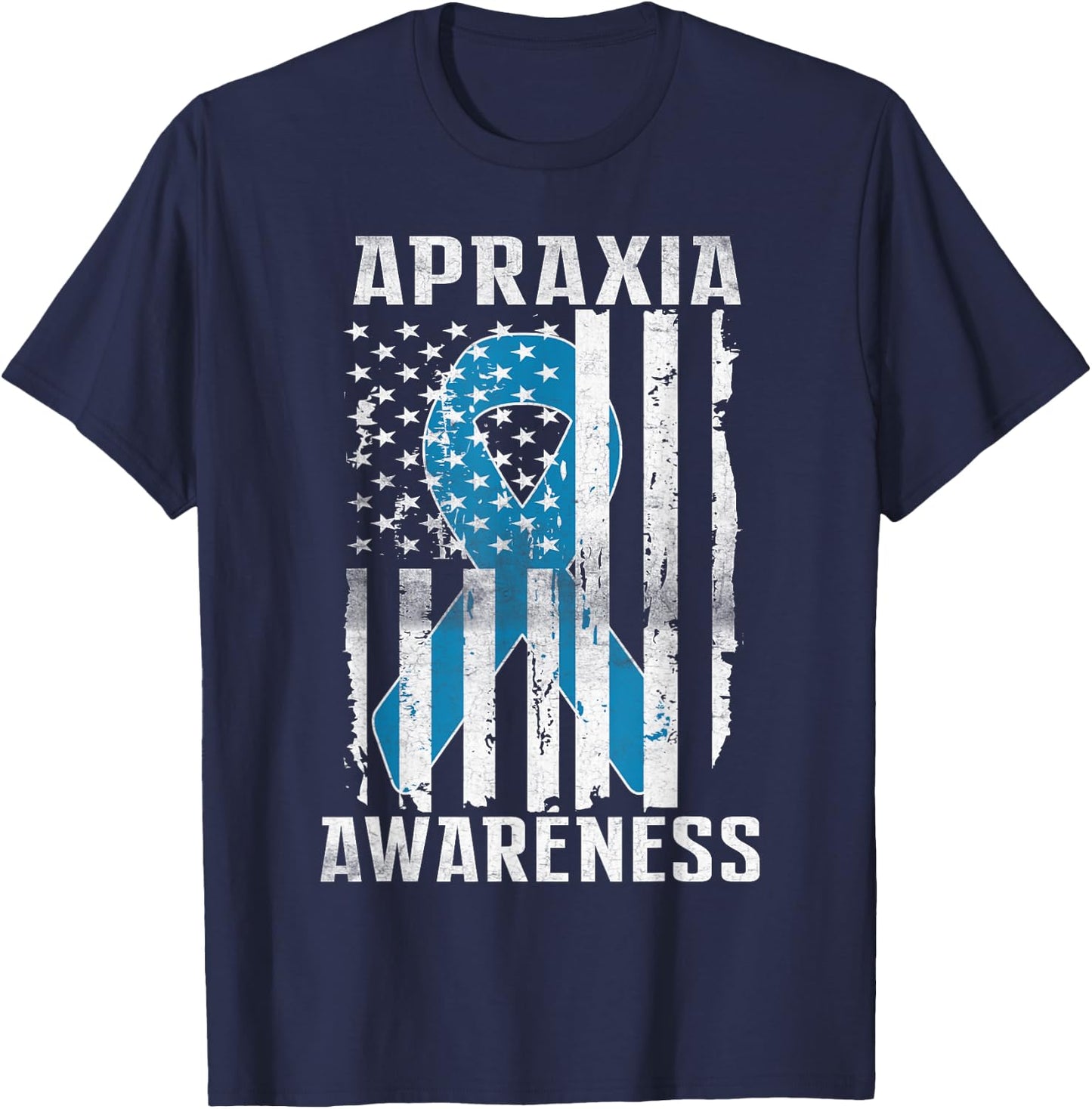Apraxia Awareness Month Day USA Flag Ribbon Blue T-Shirt - T-Shirt | Navy