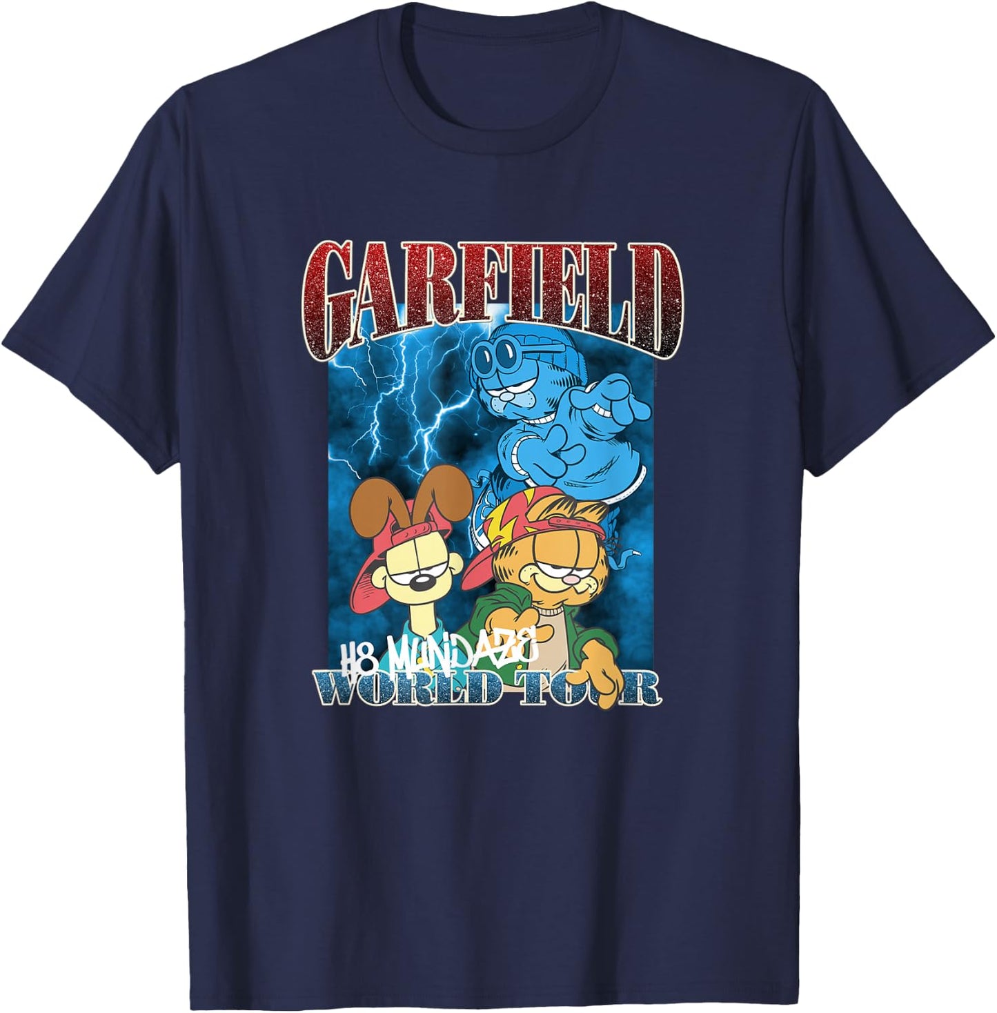 Garfield H8 Mundaze World Tour Front and Back Cartoon Cat T-Shirt - T-Shirt | Navy
