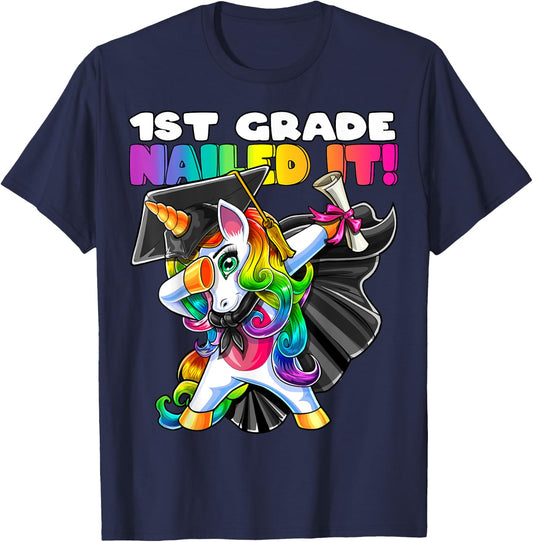 Dabbing Unicorn 1st Grade Graduation Cap Gown Gift Girls T-Shirt - T-Shirt | Navy