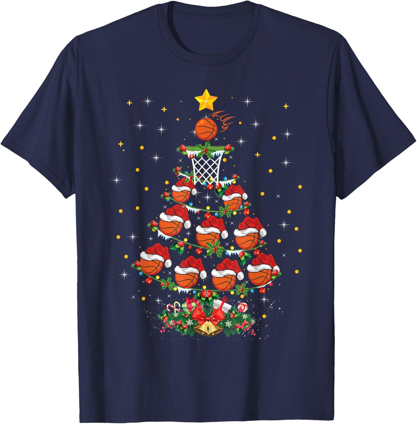 Basketball Sports Lover Xmas Gift Basketball Christmas Tree T-Shirt - T-Shirt | Navy