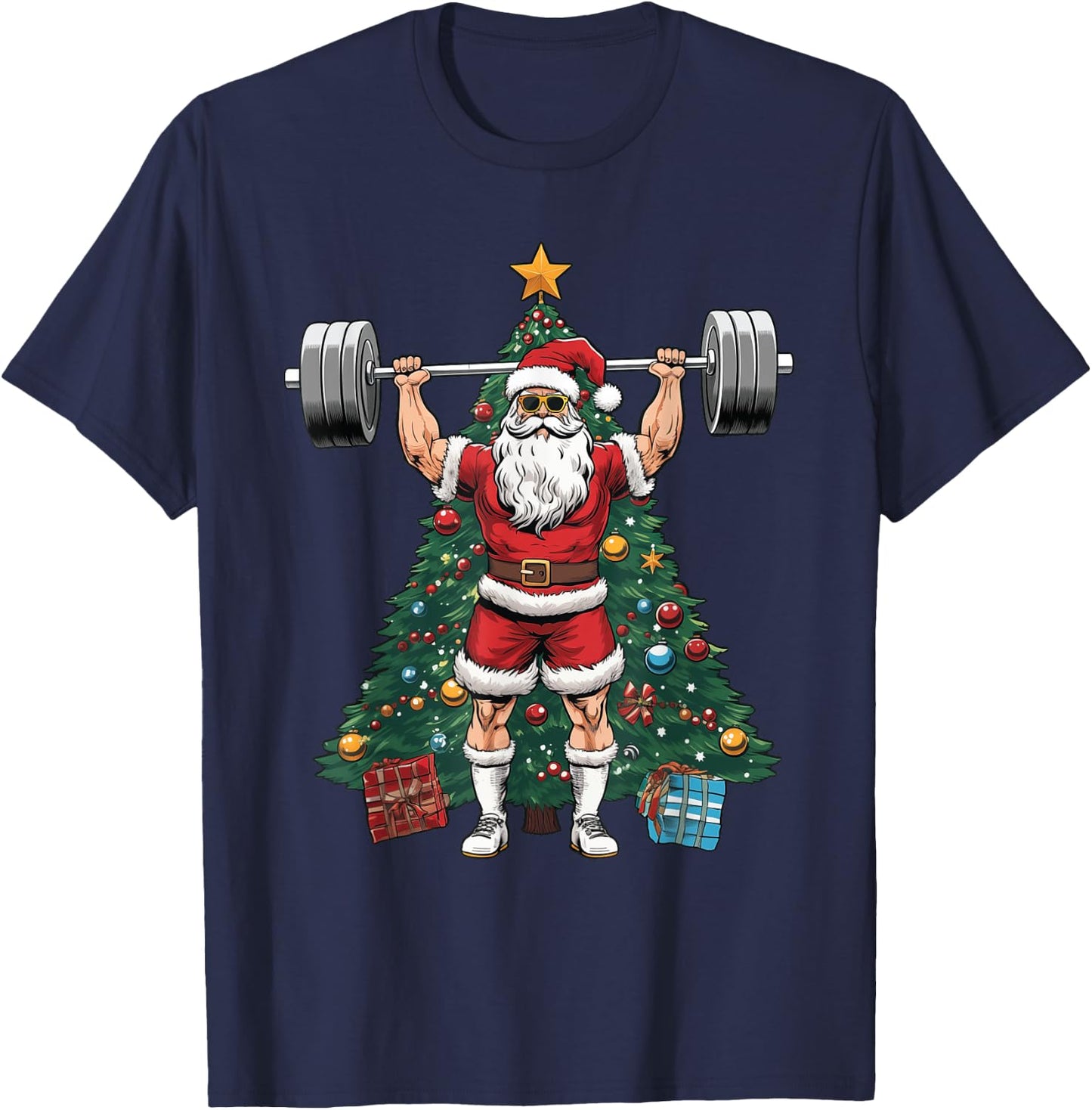 Funny Santa Weightlifting Clean Jerks Workout Christmas T-Shirt - T-Shirt | Navy