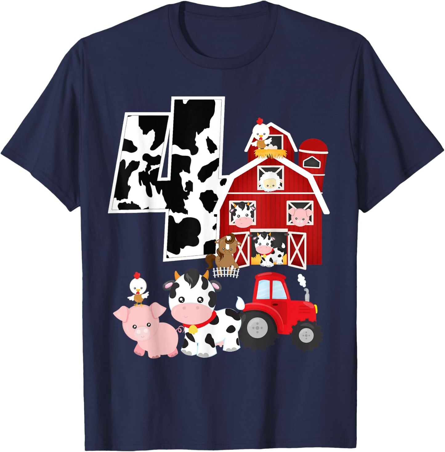 Farm Barnyard Theme Pig Cow Horse 4th Birthday 4 Yrs Old T-Shirt - T-Shirt | Navy