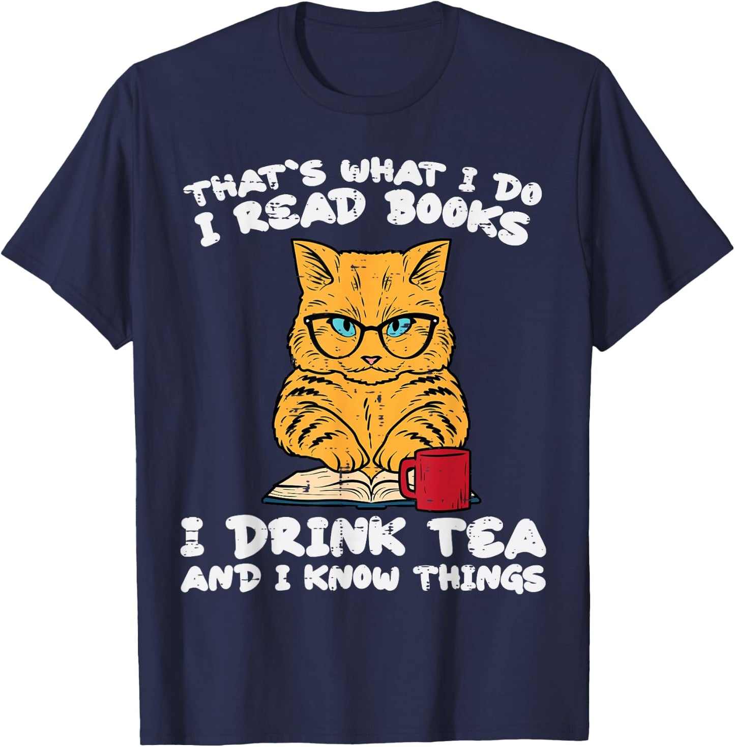 Cat Tea Funny Read Reading Book Librarian Men Women Kids T-Shirt - T-Shirt | Navy