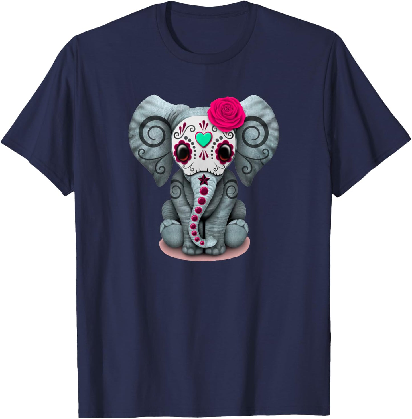 Sugar Skull Red Rose Elephant Day Of The Dead Halloween T-Shirt - T-Shirt | Navy