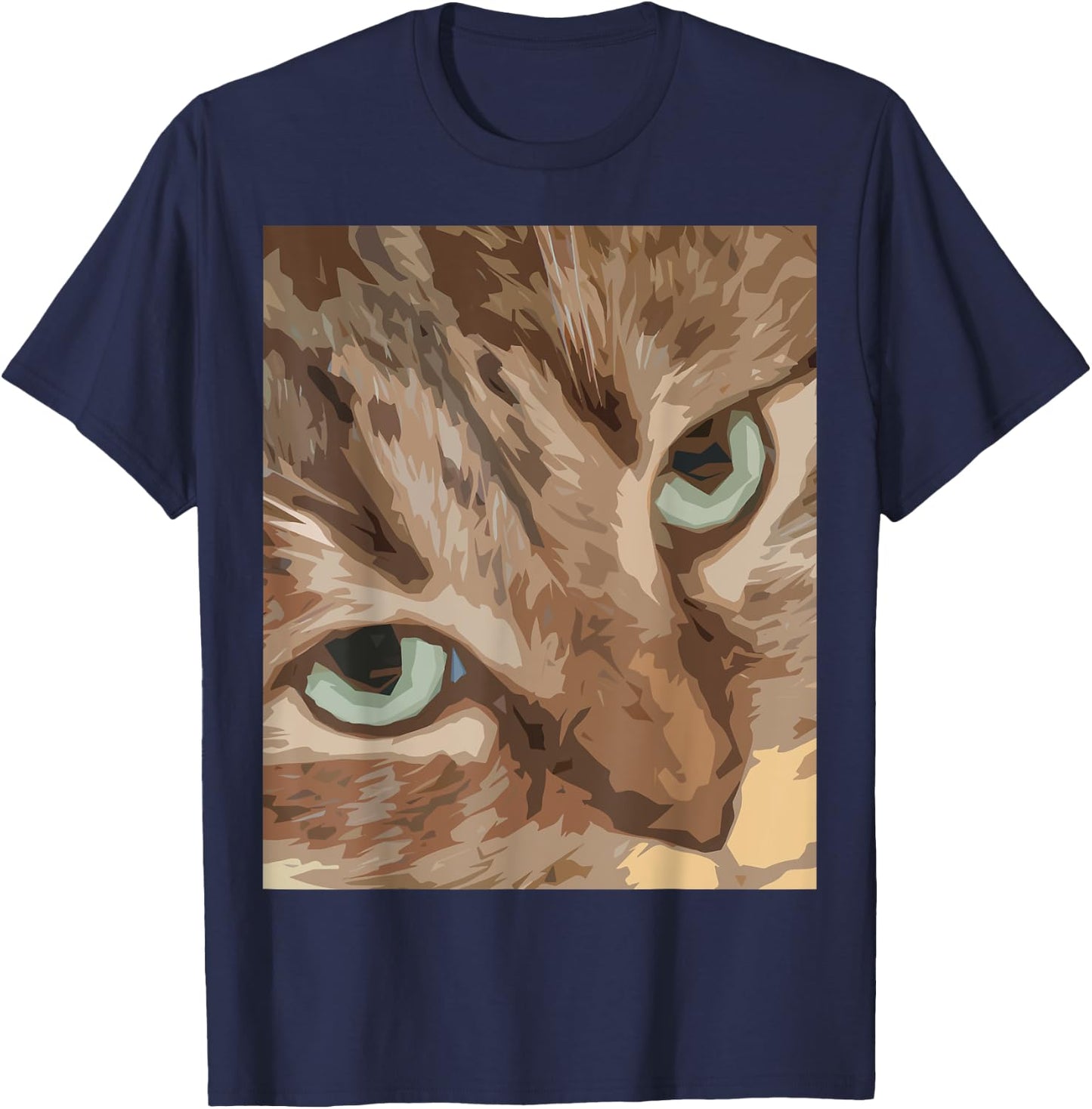 Cute Abstract Brown Tabby Cat Art with Green Eyes T-Shirt - T-Shirt | Navy