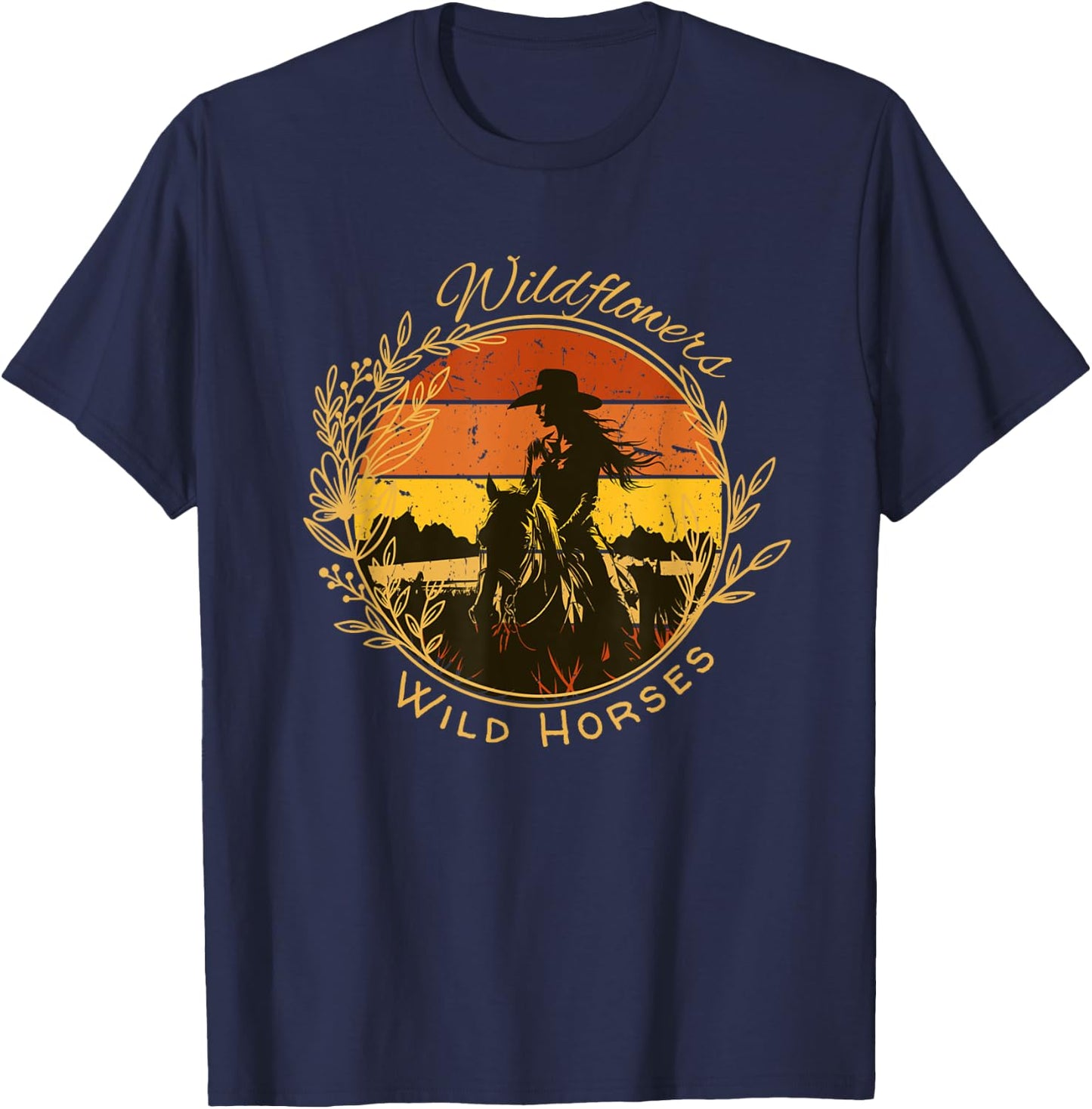 Wild Flowers and Wild Horses Vintage Sunset Country Cowgirl T-Shirt - T-Shirt | Navy