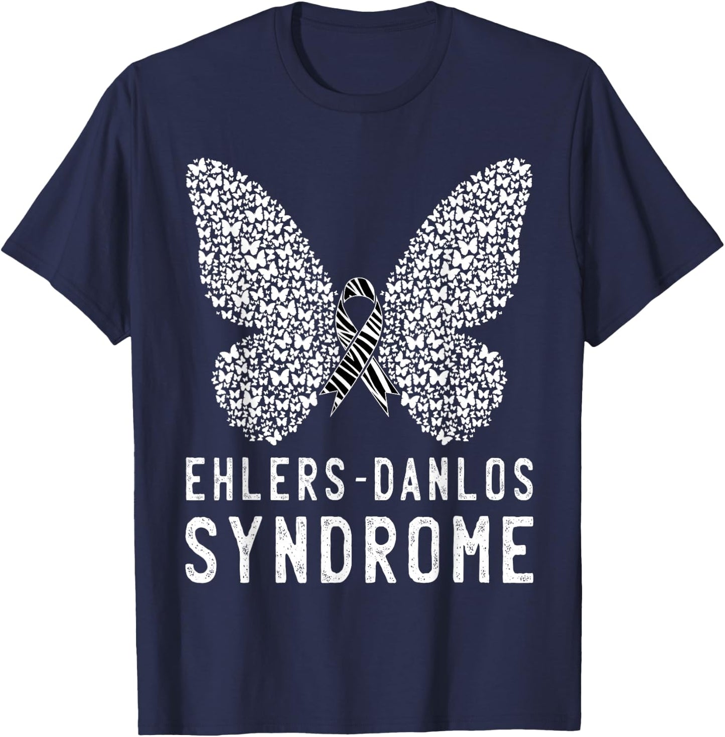 Butterfly Ehlers-Danlos Syndrome EDS Awareness Zebra Ribbon T-Shirt - T-Shirt | Navy