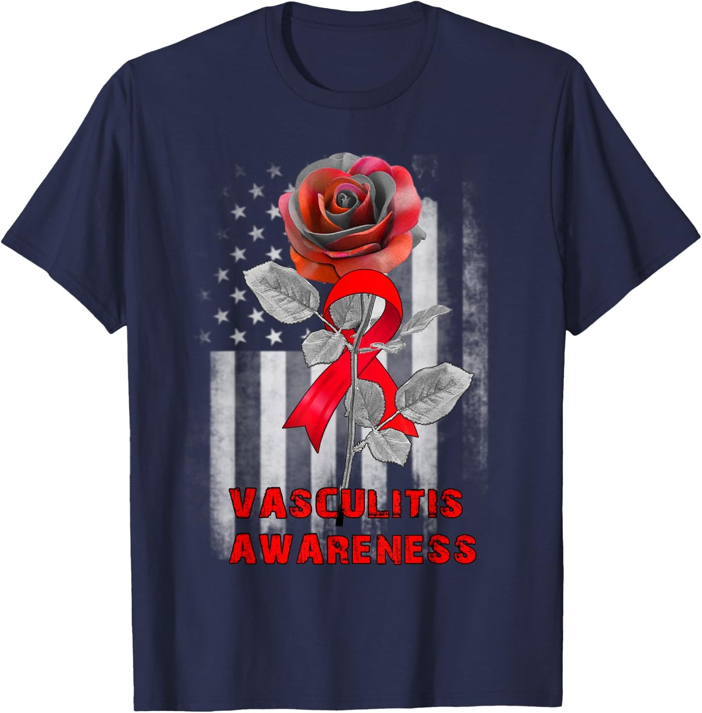 Rose Flower Vasculitis Awareness Ribbon T-Shirt - T-Shirt | Navy