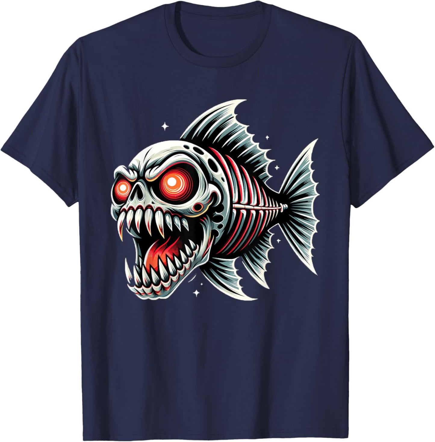 Funny Monster Skeletal Piranha Cartoon Drawing T-Shirt - T-Shirt | Navy