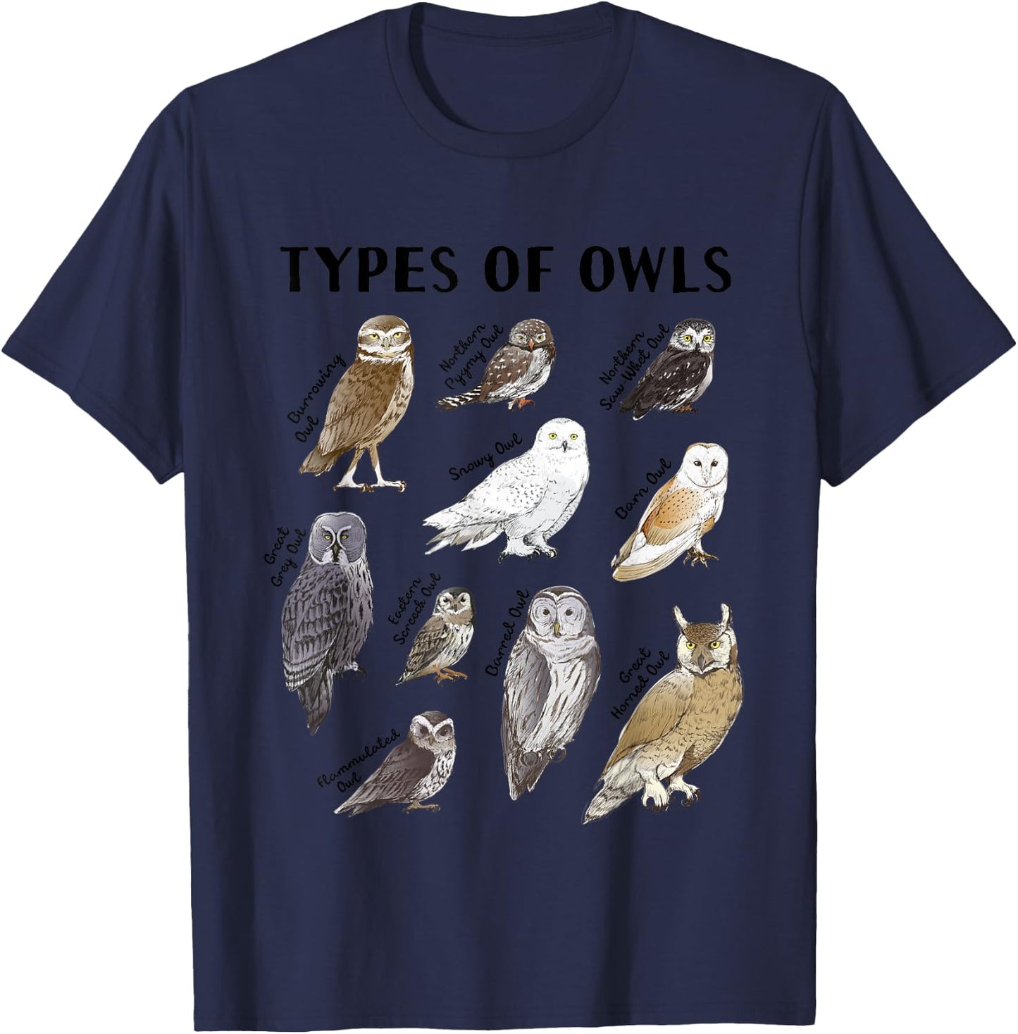 Types of Owls Educational Collection Cute Owl Lover T-Shirt - T-Shirt | Navy