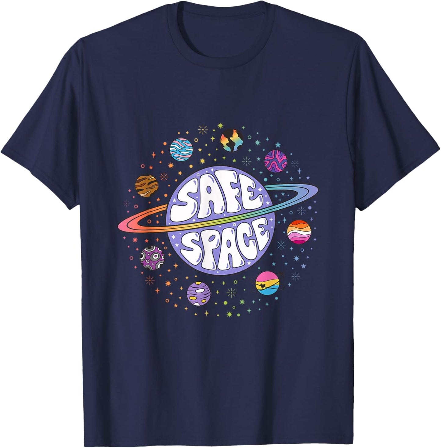 Retro Rainbow Planets Safe Space T-Shirt - T-Shirt | Navy