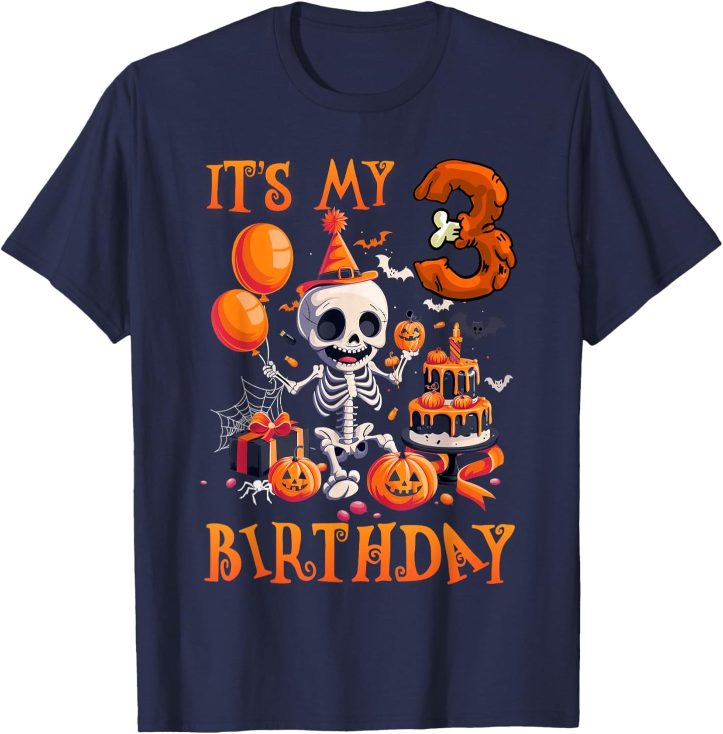 Kids Boo It's My 3rd Birthday Halloween Skeleton 3 Years Old T-Shirt - T-Shirt | Navy