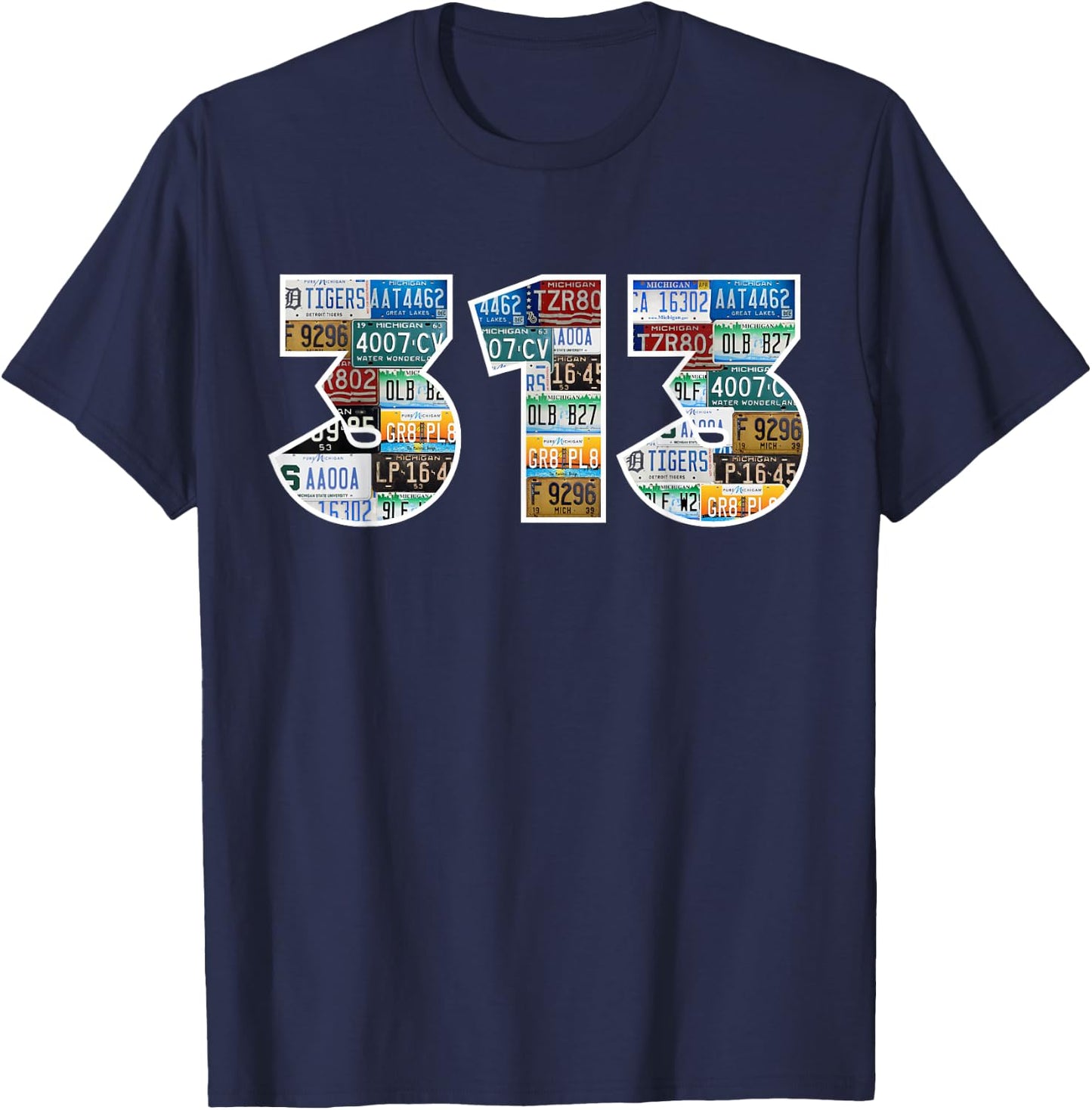 Detroit 313 License Plates Motor City Downtown Michigan T-Shirt - T-Shirt | Navy