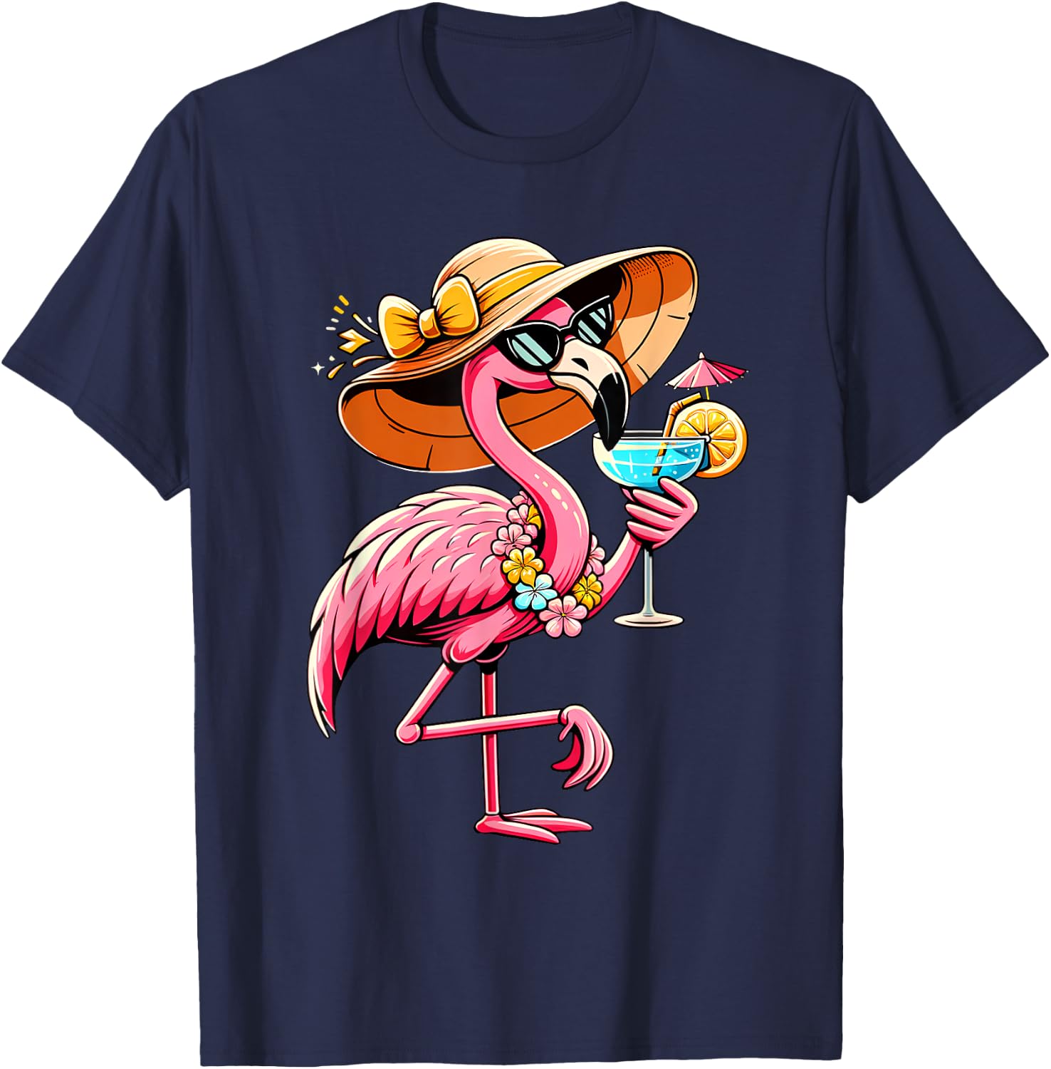 Funny Flamingo Hawaiian Summer Tropical Luau Women Girls Kid T-Shirt - T-Shirt | Navy