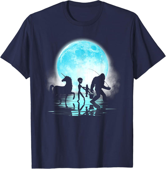 Funny Bigfoot Alien Unicorn Fishing T-Shirt - T-Shirt | Navy
