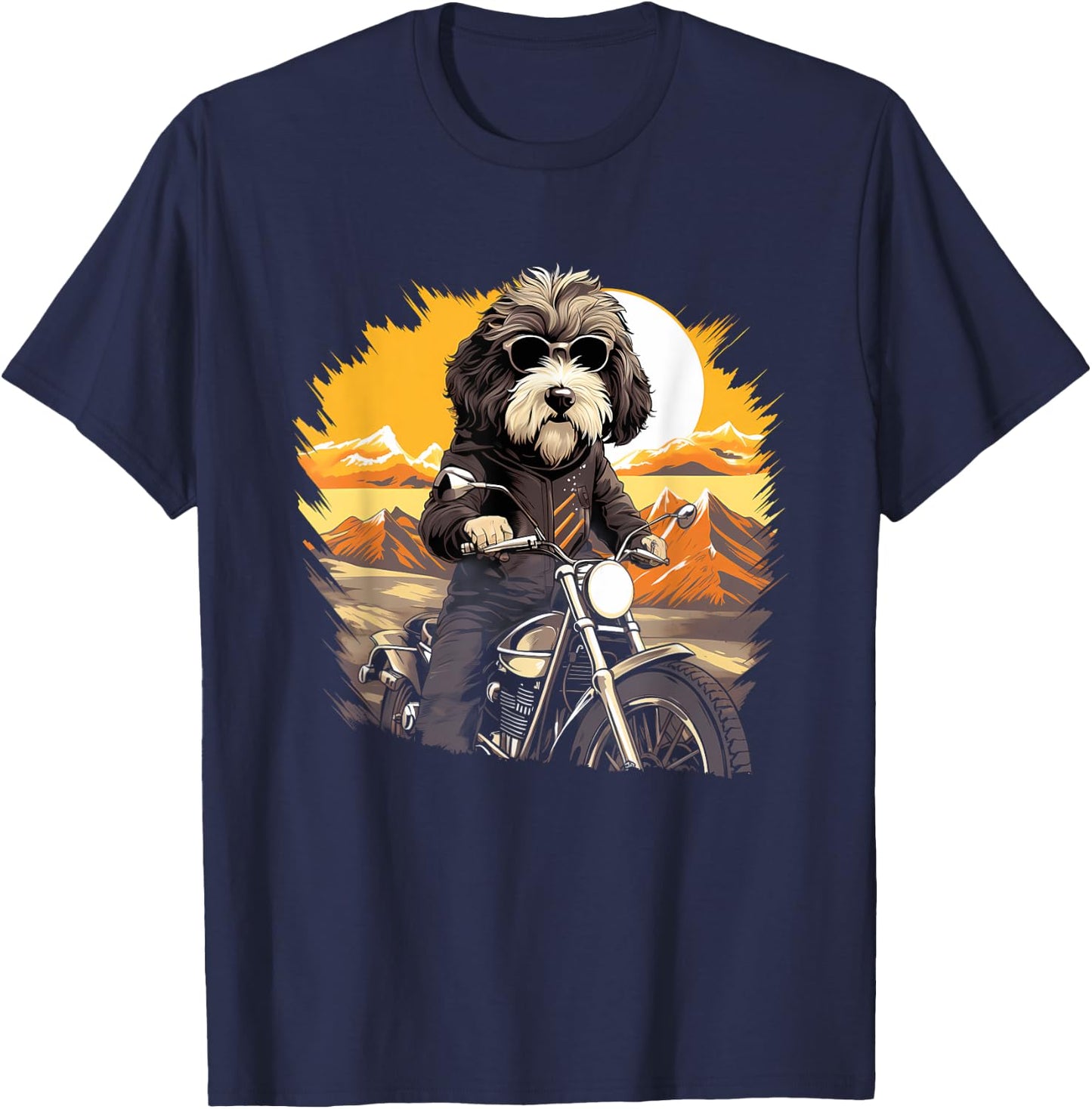 Biker Sheepadoodle Dog Riding Motorcycle T-Shirt - T-Shirt | Navy