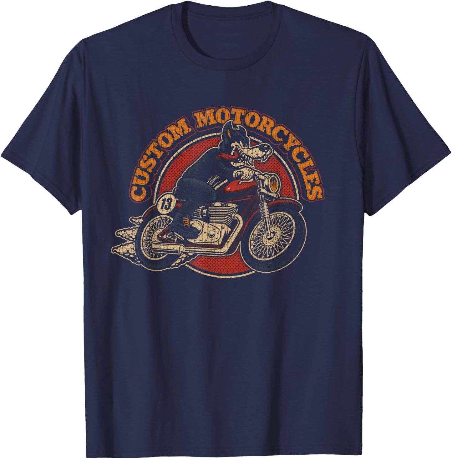 "Custom Motorcycles" Retro Biker Lowbrow Wolf Rockabilly 50s T-Shirt - T-Shirt | Navy