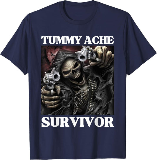 Tummy Ache Survivor Funny Cool Edgy Hard Skeleton Meme T-Shirt - T-Shirt | Navy