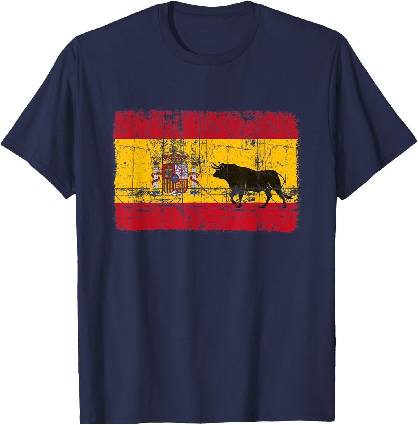 Spain Spanish Flag Bull El Matador Distressed Graphic Black T-Shirt - T-Shirt | Navy