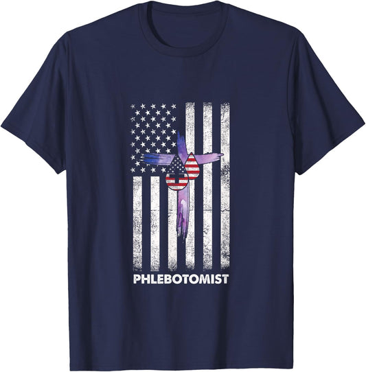 American Phlebotomist Phlebotomy Flag Cross Blood Gift T-Shirt - T-Shirt | Navy