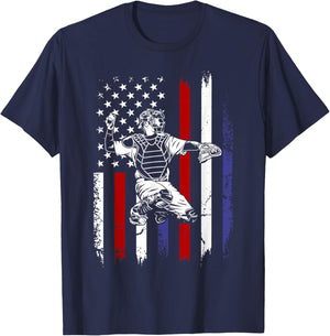 Baseball American Flag Patriotic Catcher 4th of July T-Shirt - T-Shirt | Navy