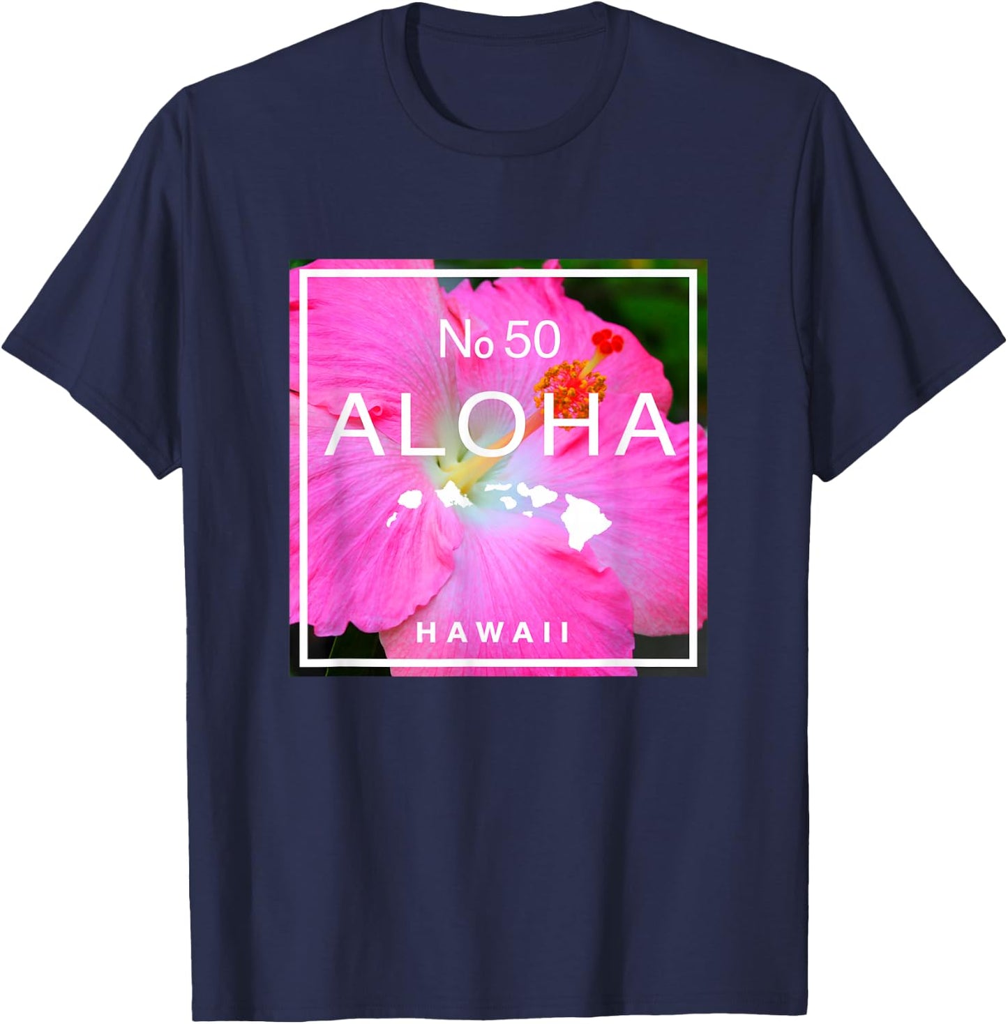 Aloha Hawaii No. 50 State Island Hawaiian Hibiscus T-Shirt - T-Shirt | Navy