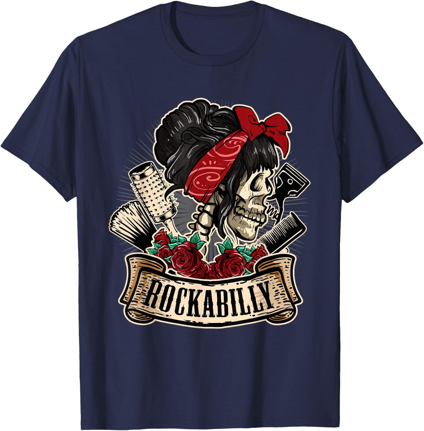 Rockabilly Girl Skull Pin-Up Hairstylist Hairdresser T-Shirt - T-Shirt | Navy