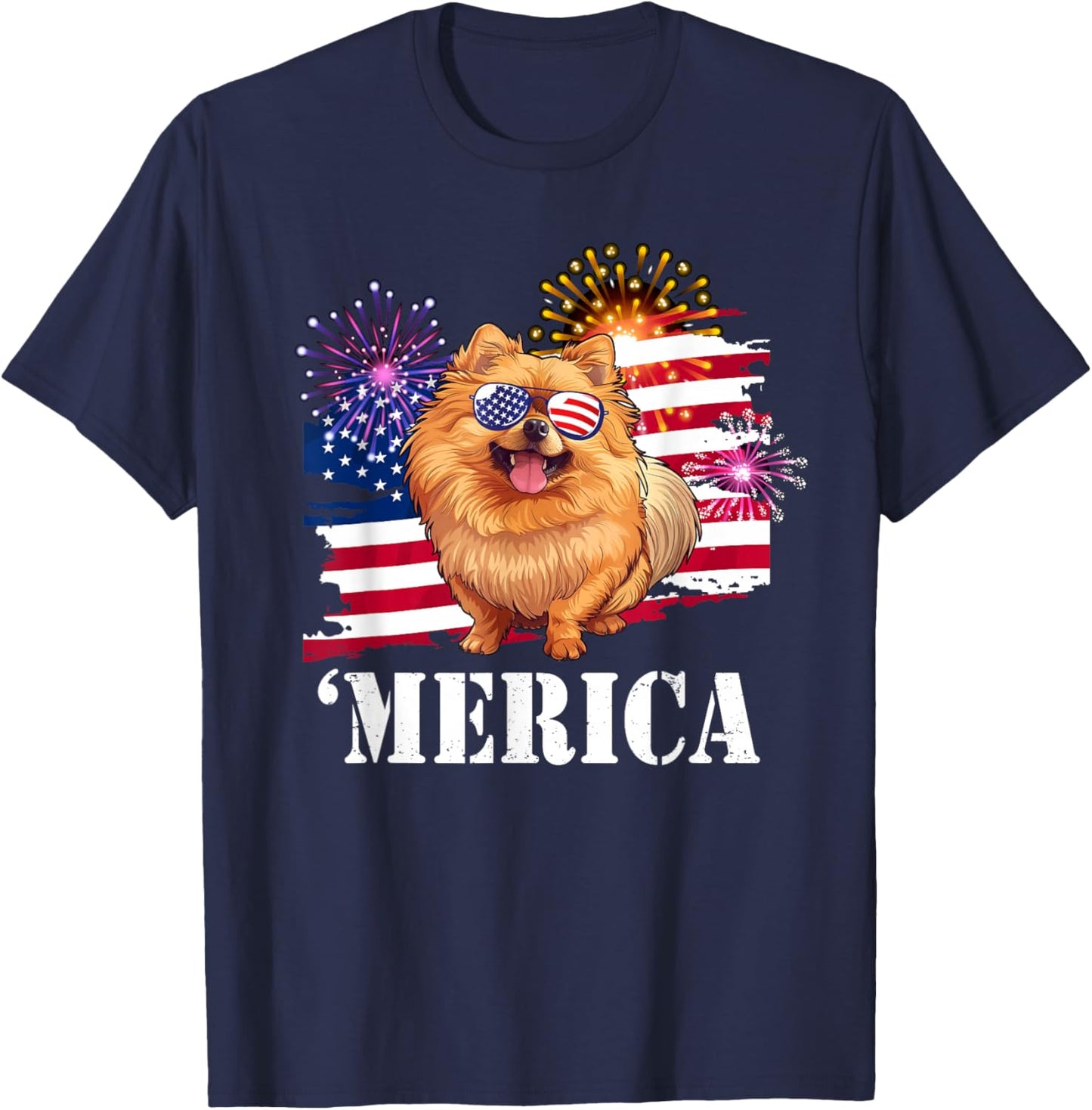 Patriotic America USA Flag Merica 4th July Pomeranian Lover T-Shirt - T-Shirt | Navy