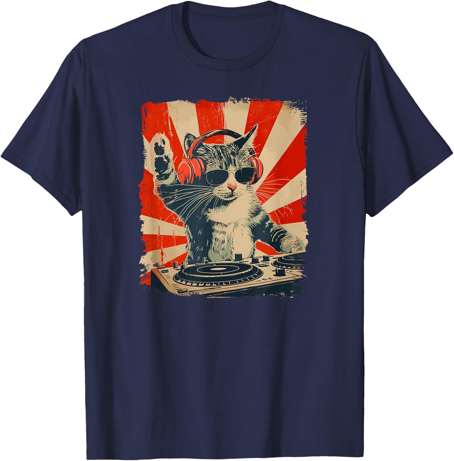 Funny DJ Cat Disco Sound Tech Headphone Music T-Shirt - T-Shirt | Navy