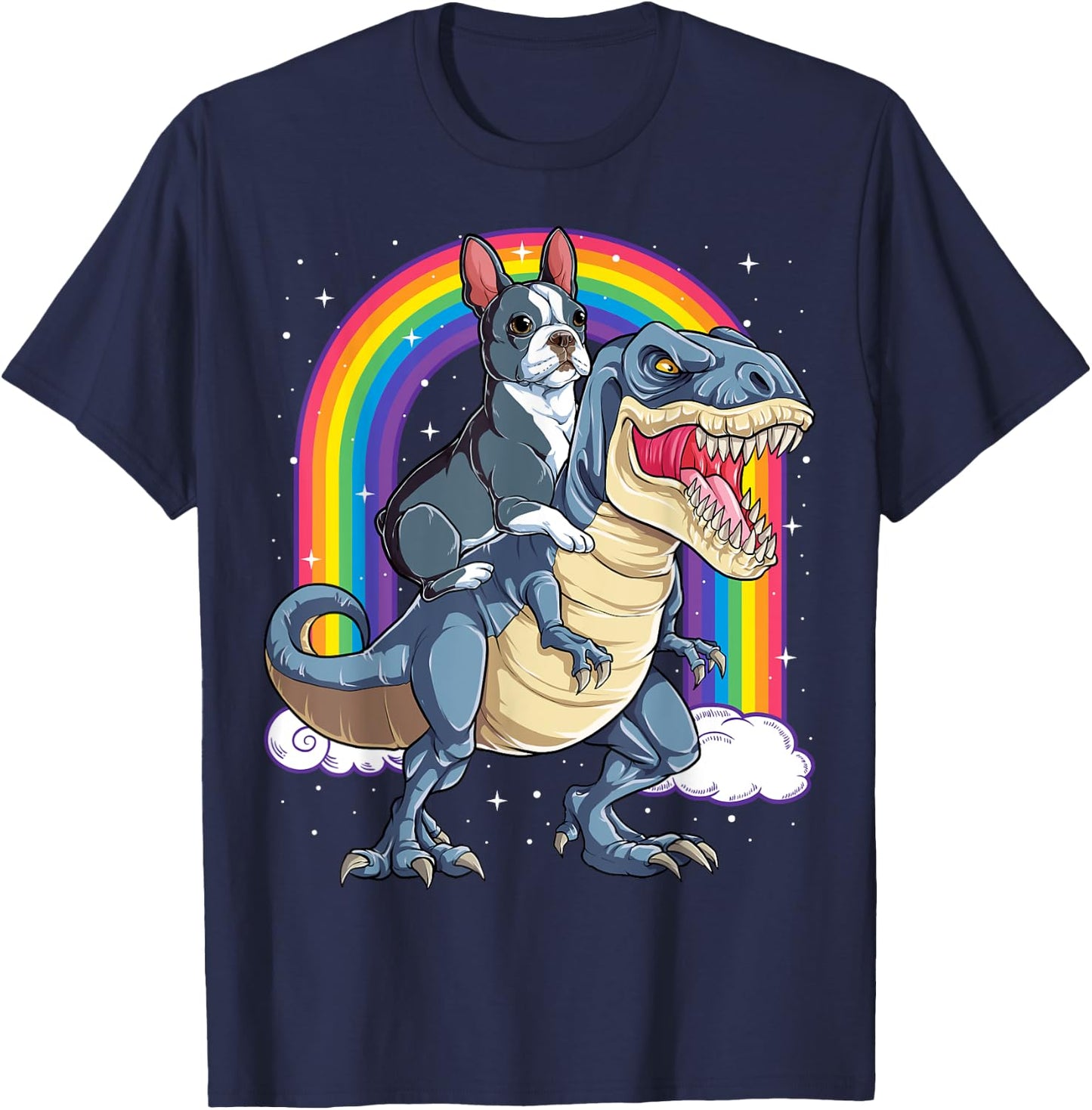 Boston Terrier Riding Dinosaur T-rex Gifts Boys Kids Rainbow T-Shirt - T-Shirt | Navy