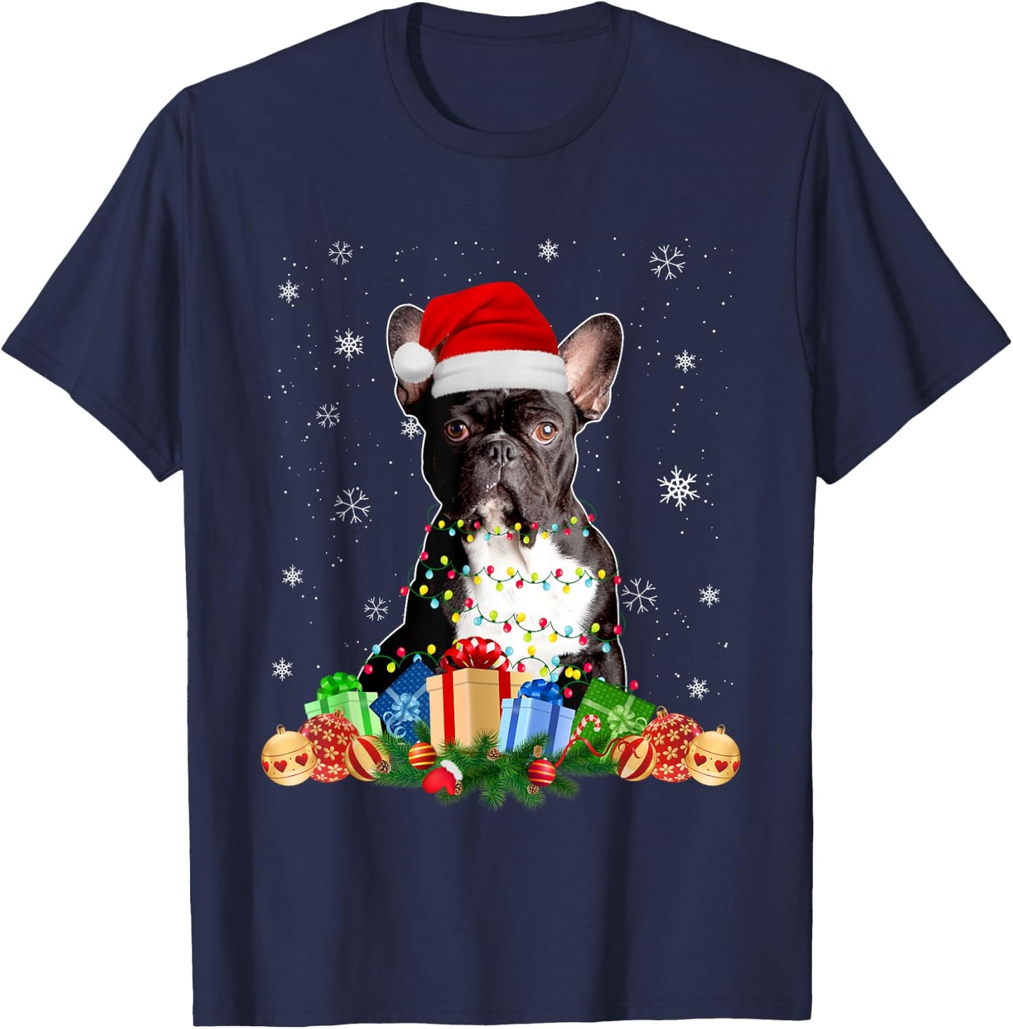 French Bulldog Dog Christmas Lights Santa Puppy Dog Lover Men Women Kids T-Shirt - T-Shirt | Navy
