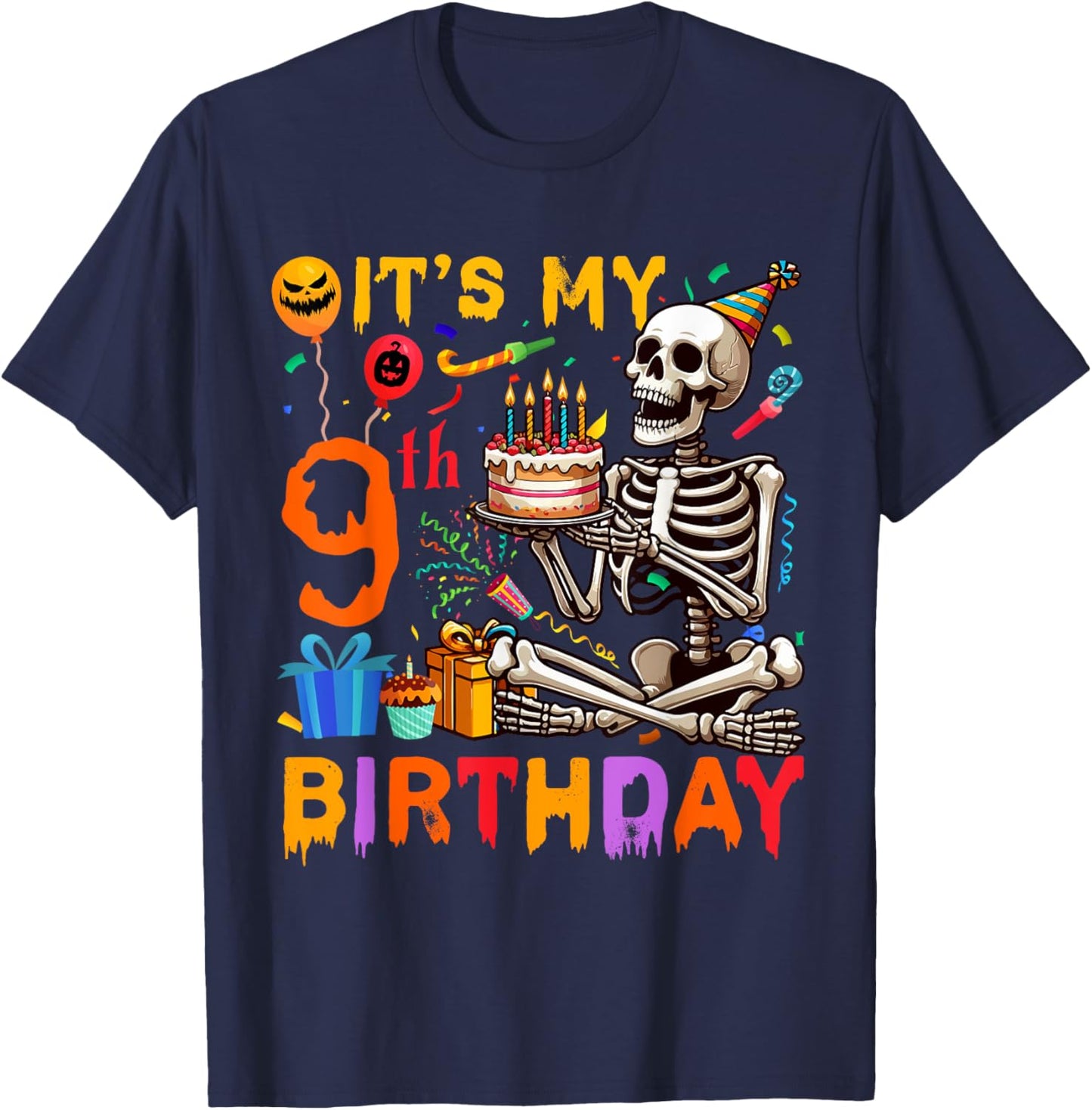It's My 9th Birthday Halloween Skeleton Matching Party T-Shirt - T-Shirt | Navy