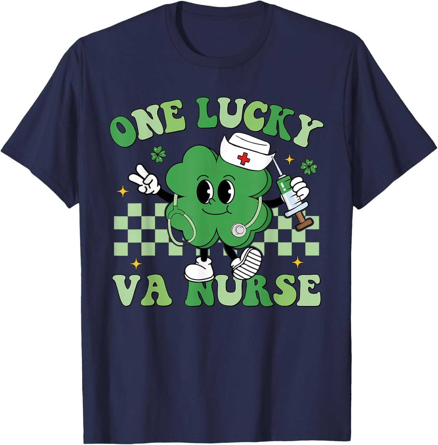 Groovy One Lucky VA Nurse Shamrock Patrick's Day T-Shirt - T-Shirt | Navy