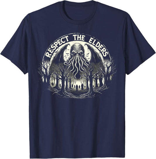 Cthulhu Respect The Elders, Vintage Cosmic Horror T-Shirt - T-Shirt | Navy
