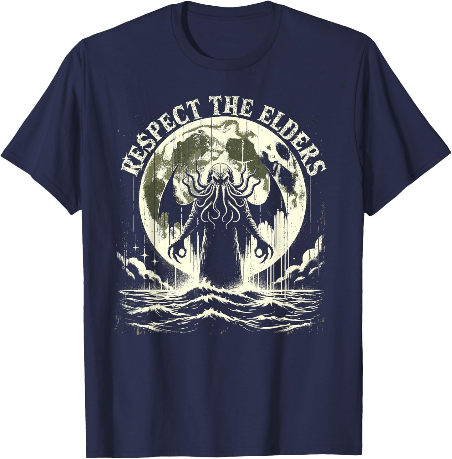 Cthulhu Respect The Elders, Vintage Cosmic Horror T-Shirt - T-Shirt | Navy