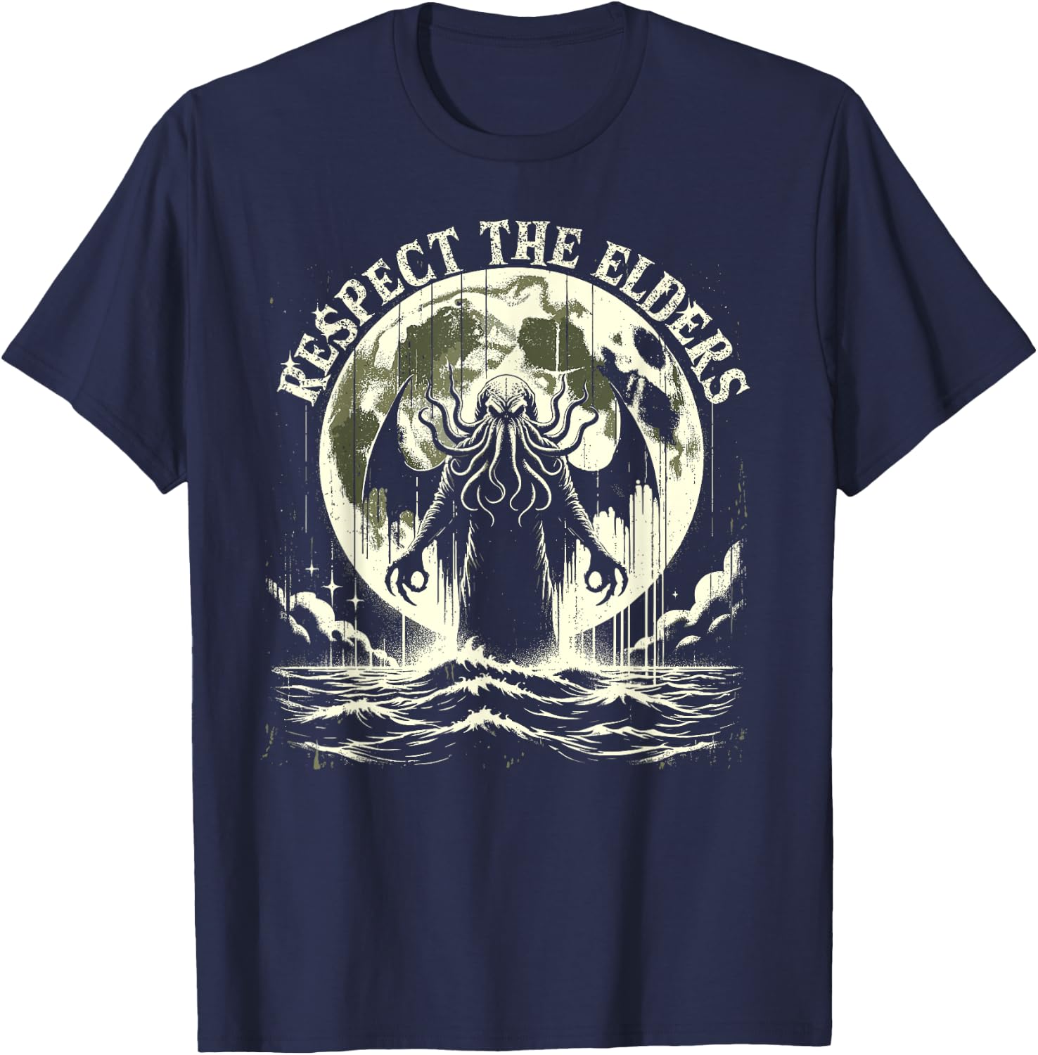 Cthulhu Respect The Elders, Vintage Cosmic Horror T-Shirt - T-Shirt | Navy