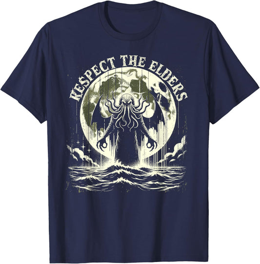 Cthulhu Respect The Elders, Vintage Cosmic Horror T-Shirt - T-Shirt | Navy