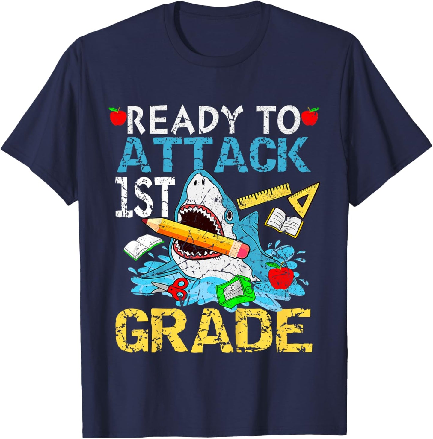Shark Ready To Attack 1ST Grade Funny 1ST First Day School T-Shirt - T-Shirt | Navy