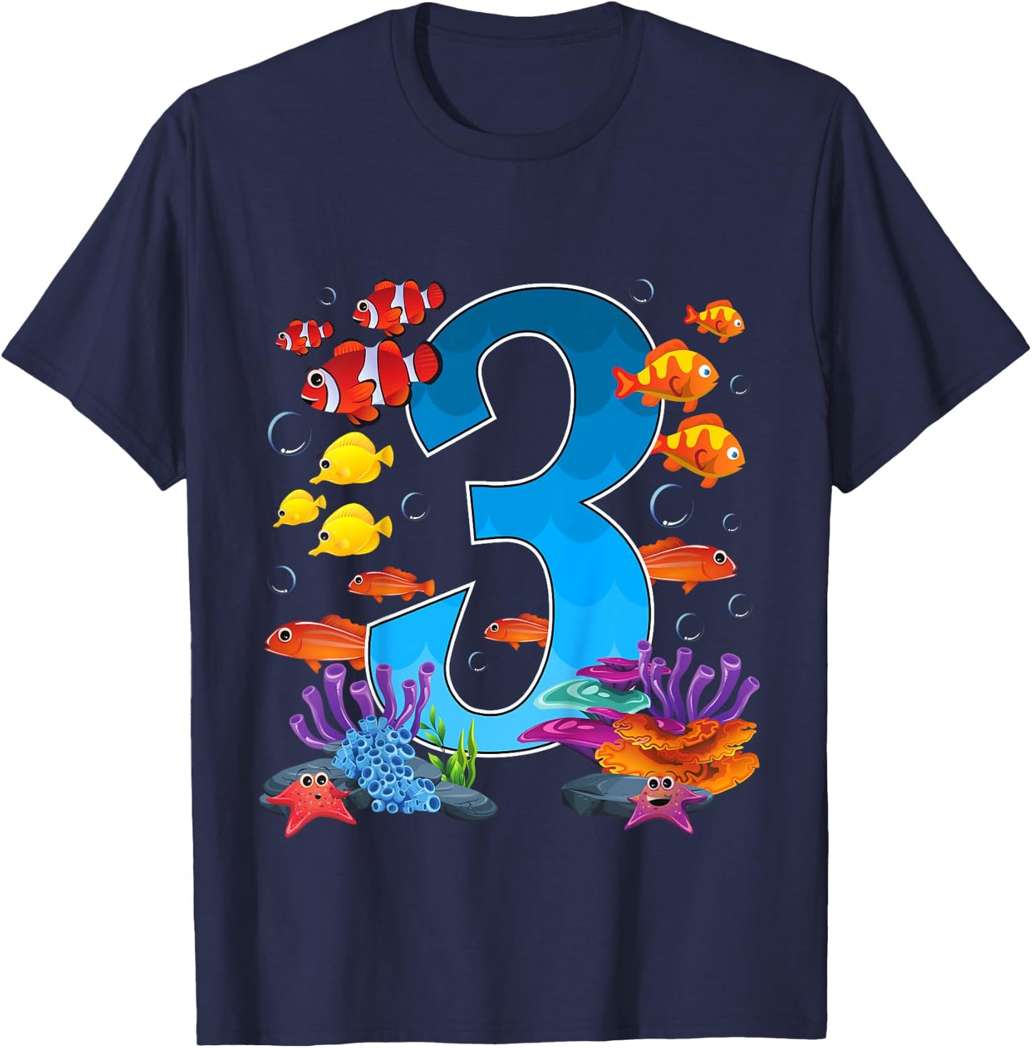 3 Year Old Under The Sea Birthday Ocean Fish Theme 3rd Gift T-Shirt - T-Shirt | Navy