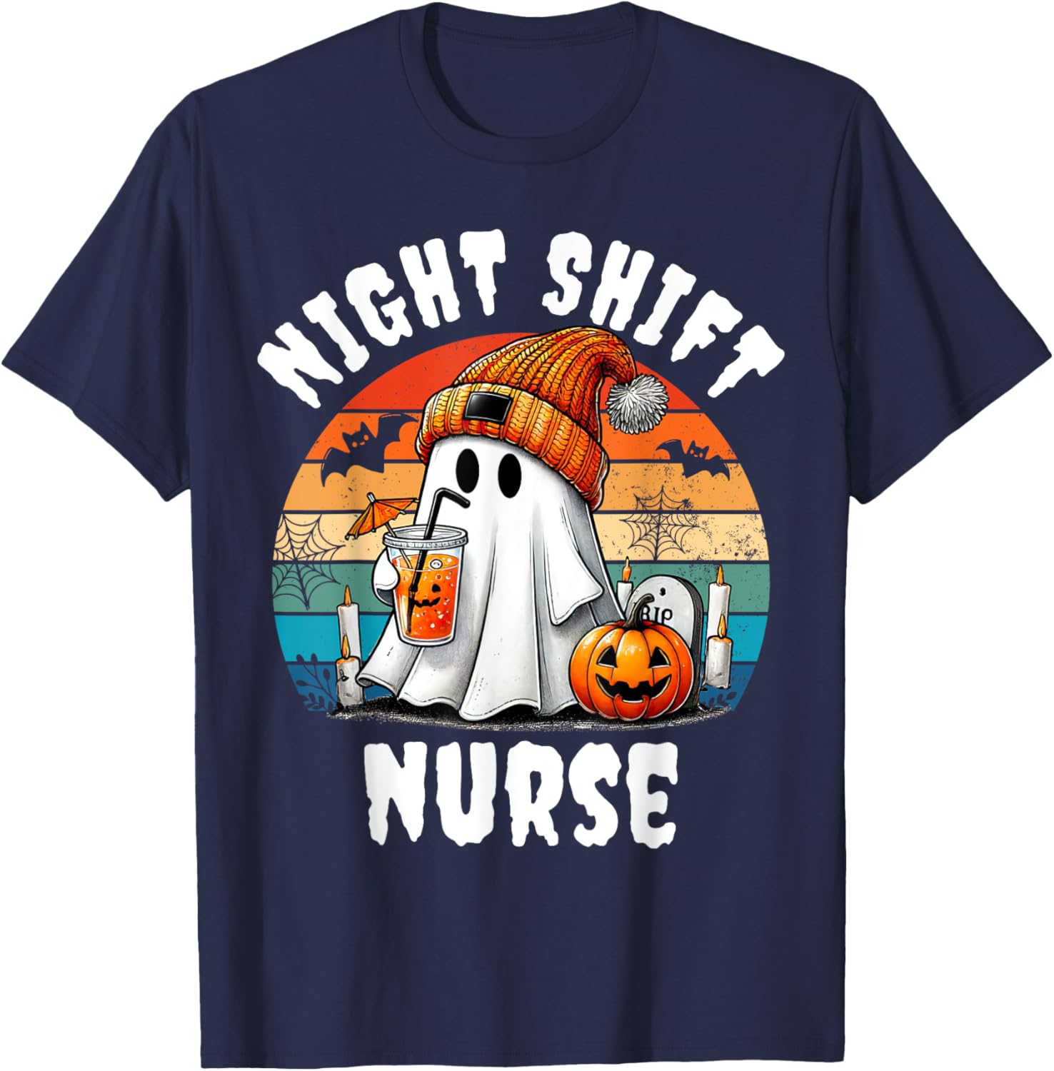Funny Night Shift Nurse Ghost Boo Halloween RN Nurses Coffee T-Shirt - T-Shirt | Navy
