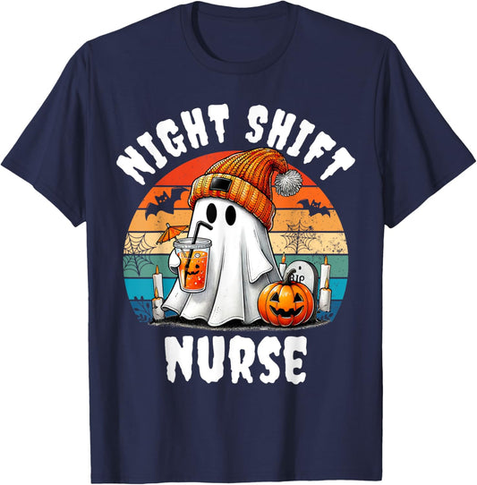 Funny Night Shift Nurse Ghost Boo Halloween RN Nurses Coffee T-Shirt - T-Shirt | Navy