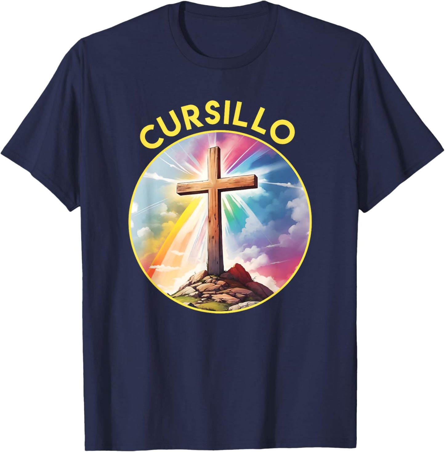 Cursillo Faith Wood Cross With Rainbow and Clouds T-Shirt - T-Shirt | Navy