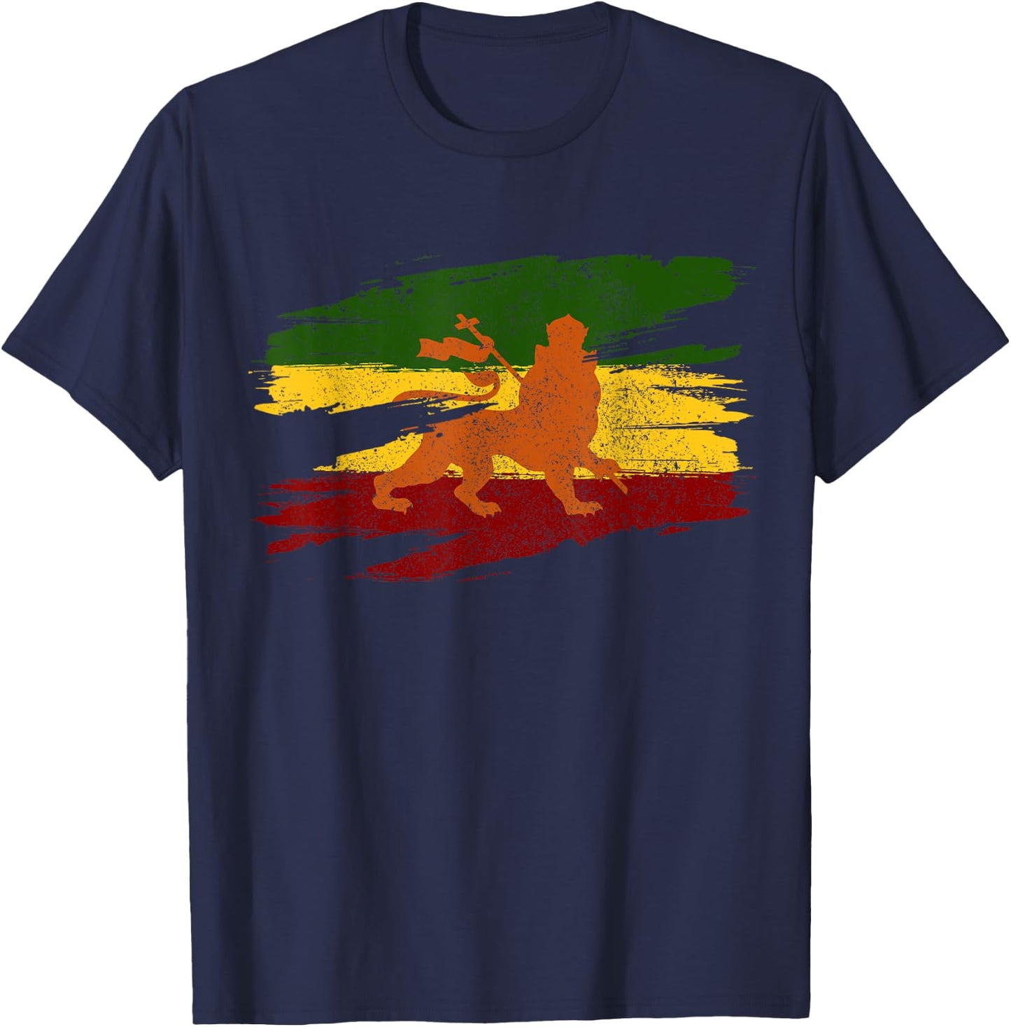 Lion Of Judah Ethiopian Flag Cross Rasta Rastafari Gift T-Shirt - T-Shirt | Navy