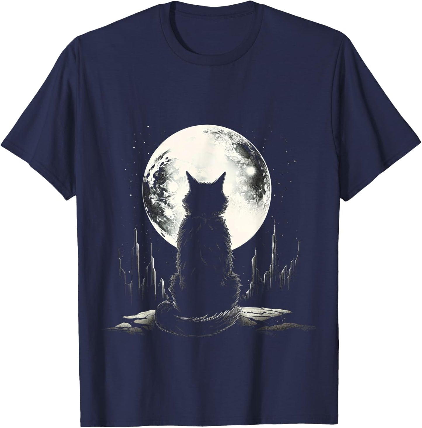 Cat Nature Moon Animal Illustration Art Graphic Motif Cat T-Shirt - T-Shirt | Navy