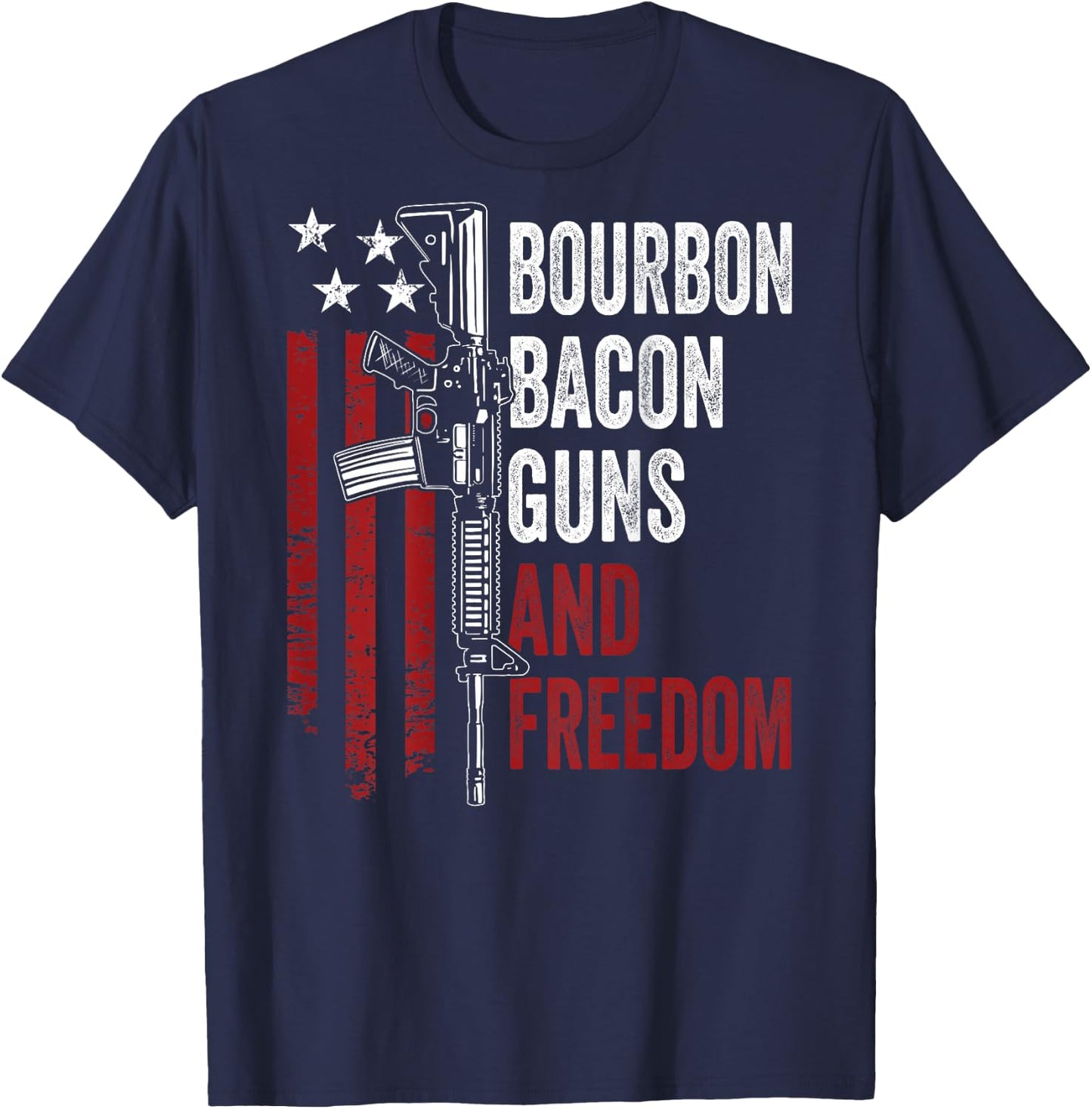 BOURBON BACON GUNS & FREEDOM - BBQ Grill Drinking - ON BACK T-Shirt - T-Shirt | Navy