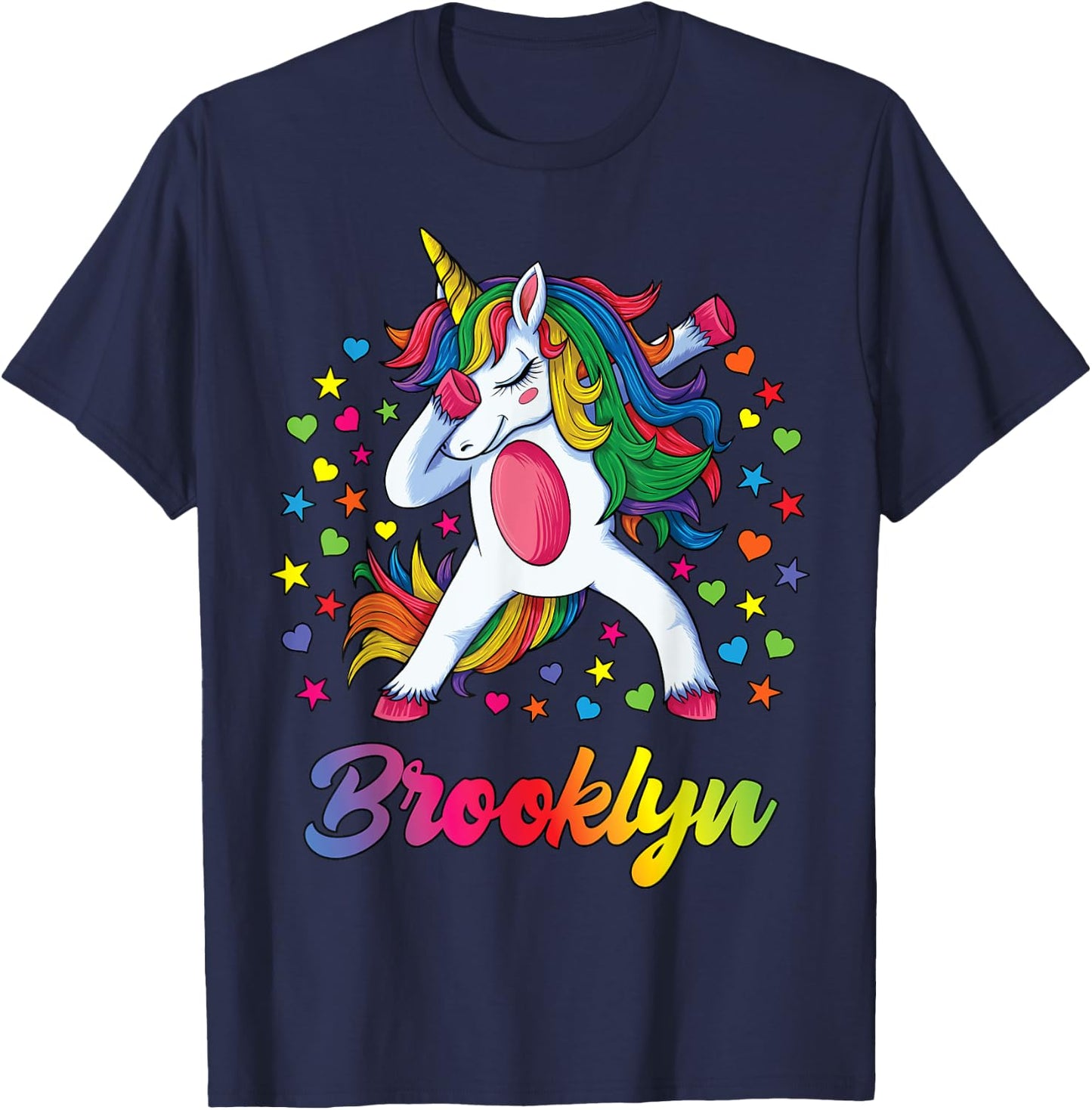 Brooklyn Dabbing Unicorn Rainbow Personalized Name Custom T-Shirt - T-Shirt | Navy