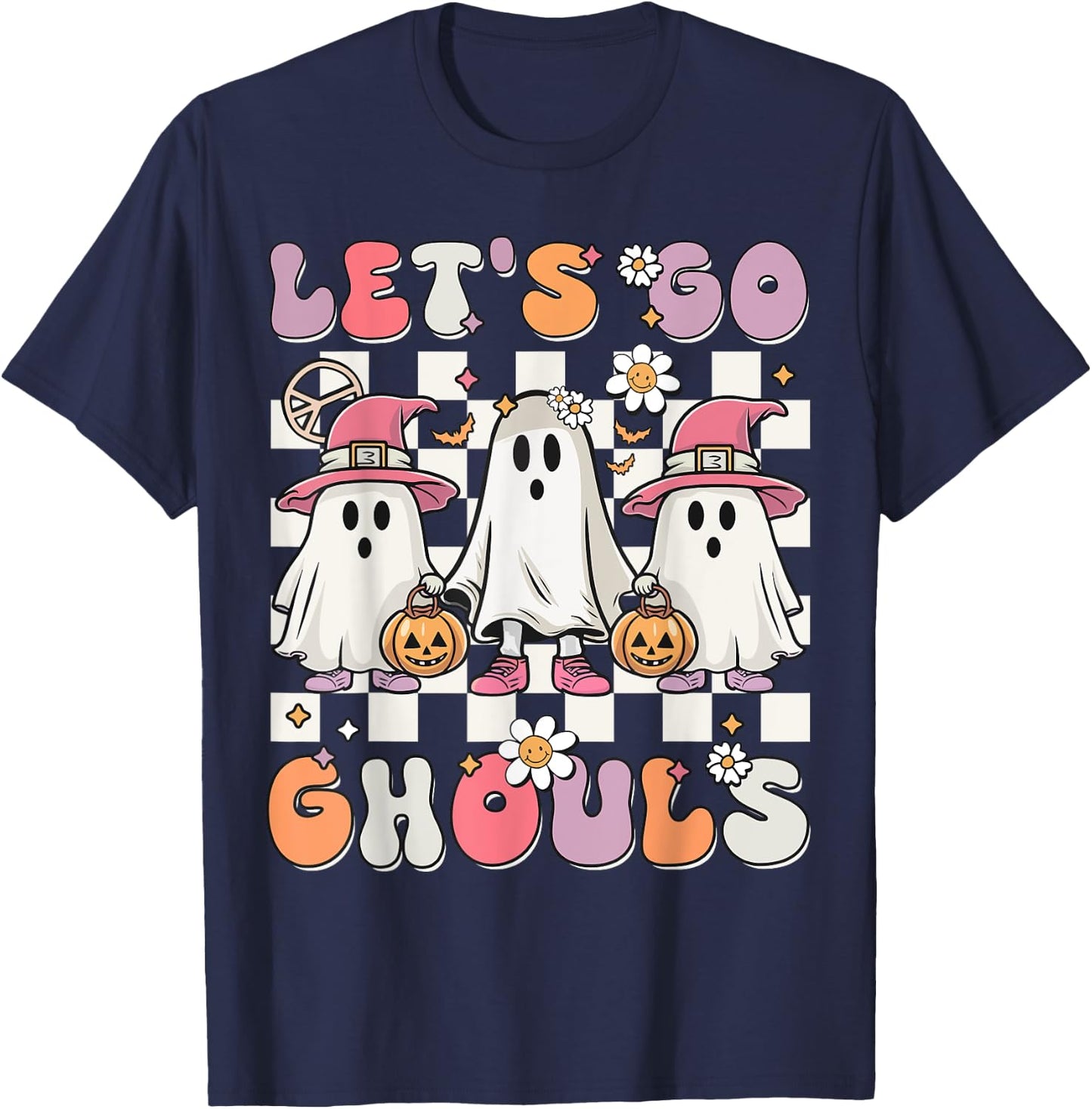 Women Girls Let's Go Ghouls Halloween Retro Ghost Costume T-Shirt - T-Shirt | Navy