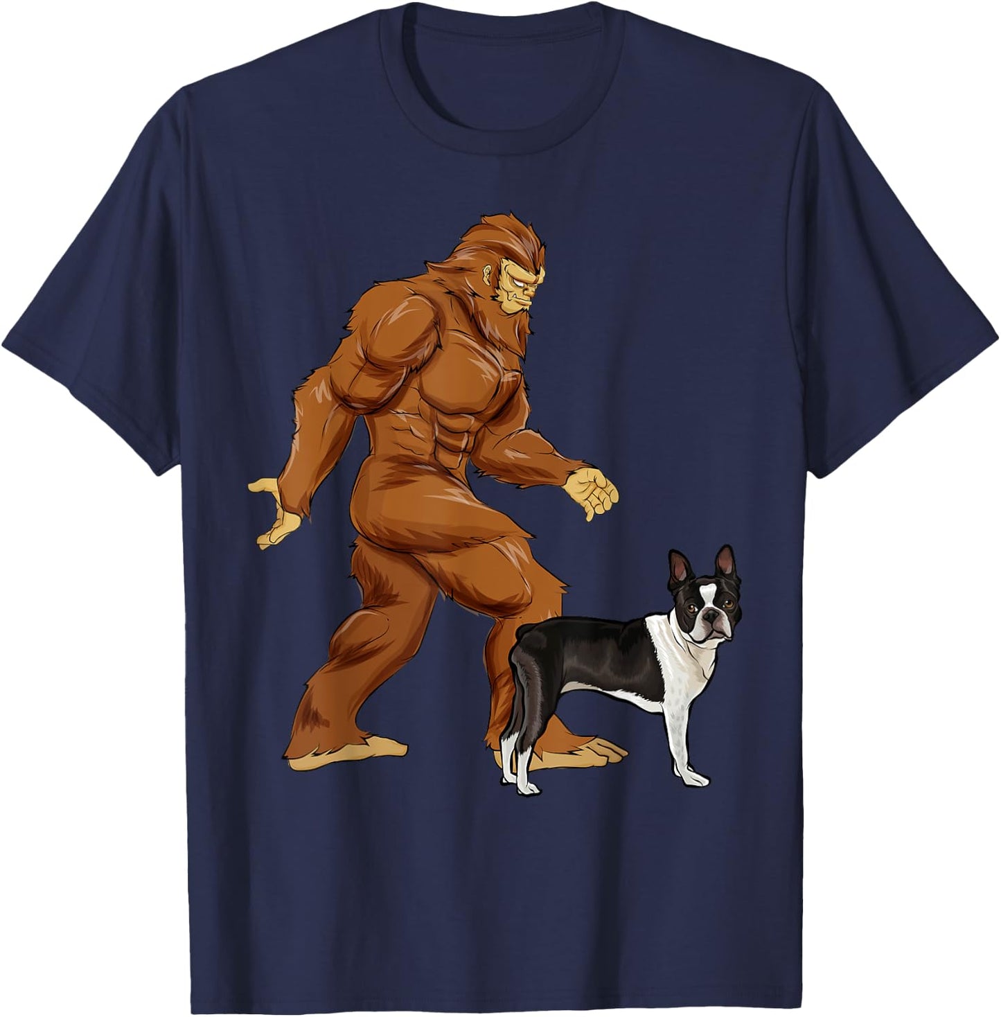 Funny Bigfoot Walking Boston Terrier Sasquatch Dog T-Shirt - T-Shirt | Navy