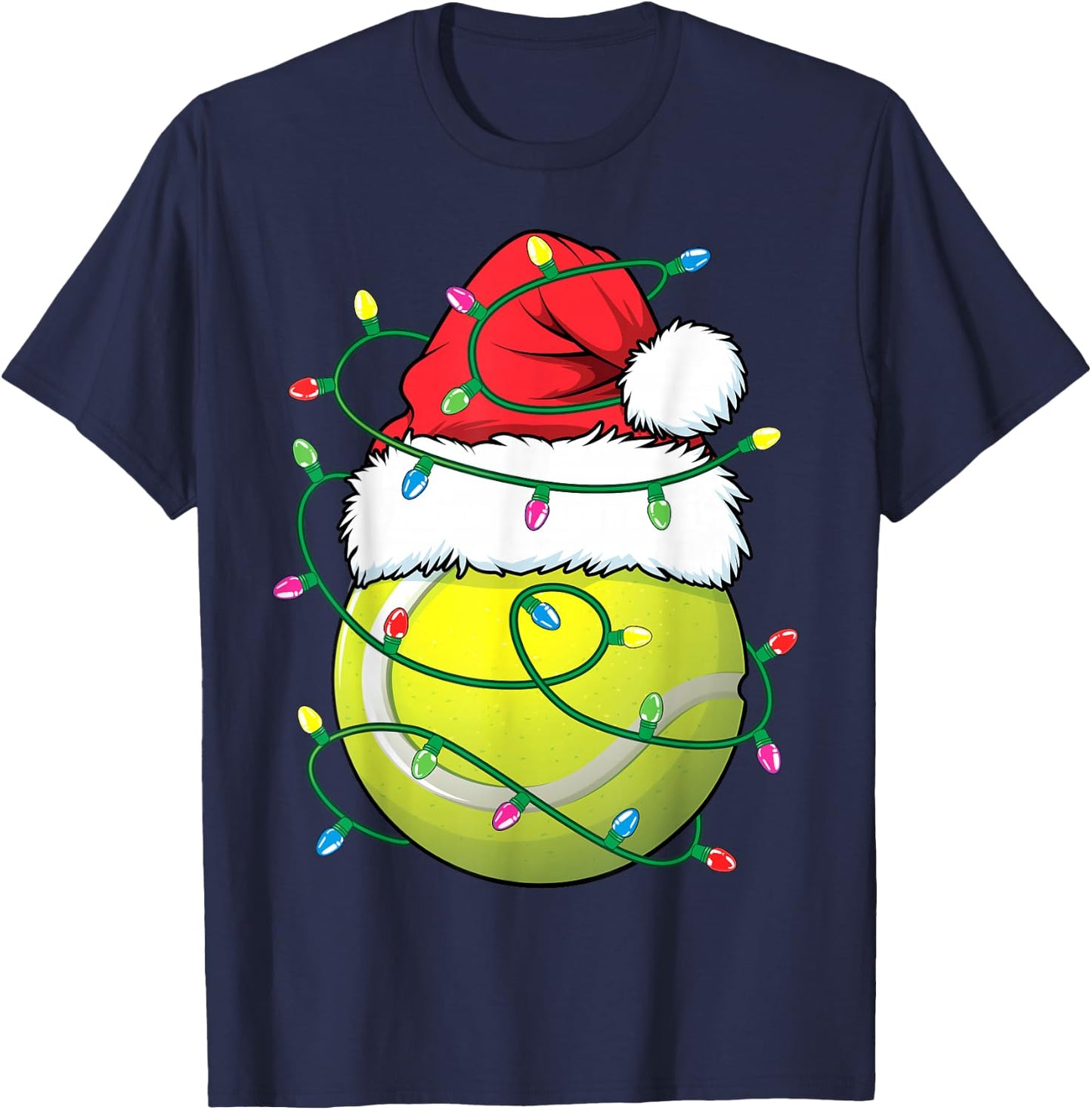 Funny Christmas Tennis Ball Santa Hat Xmas Lights T-Shirt - T-Shirt | Navy